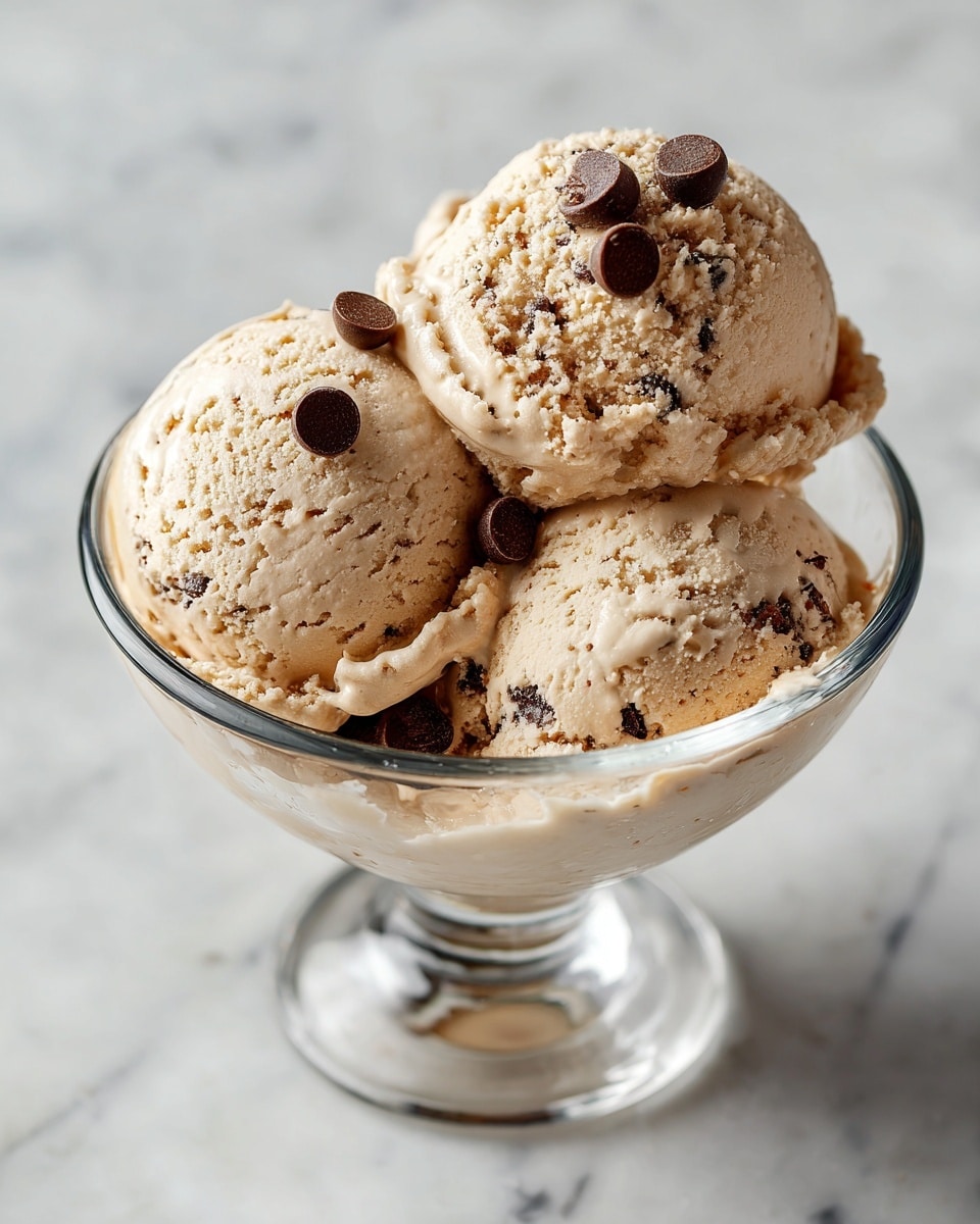 The image shows a clear glass bowl filled with three scoops of light brown ice cream. The ice cream has a creamy texture with small bits mixed inside and a few round chocolate candies scattered on top. The bowl sits on a white marbled surface, and the light captures the creamy and smooth look of the ice cream perfectly. photo taken with an iphone --ar 4:5 --v 7