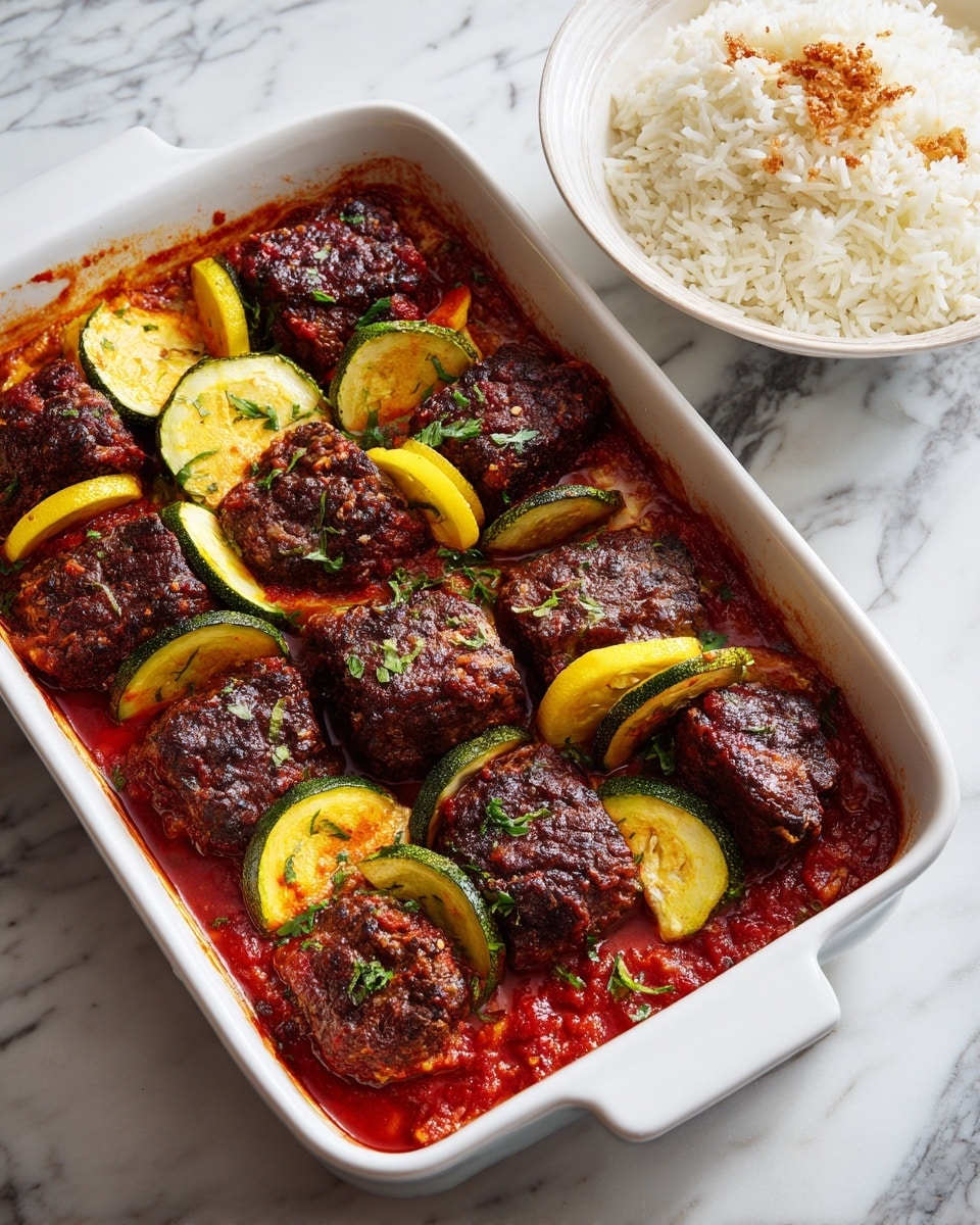 A white rectangular baking dish holds an arranged dish with 12 pieces of dark brown baked meat, each separated by layers of vegetables. There are green pepper slices and yellow squash slices placed between each meat piece, showing a pattern of three layers: meat, vegetables, meat. The dish is covered partially in a rich red tomato sauce that fills the gaps and edges of the dish. The surface beneath is a white marbled texture, and a white bowl of fluffy white rice with browned topping sits above the baking dish. Photo taken with an iphone --ar 4:5 --v 7