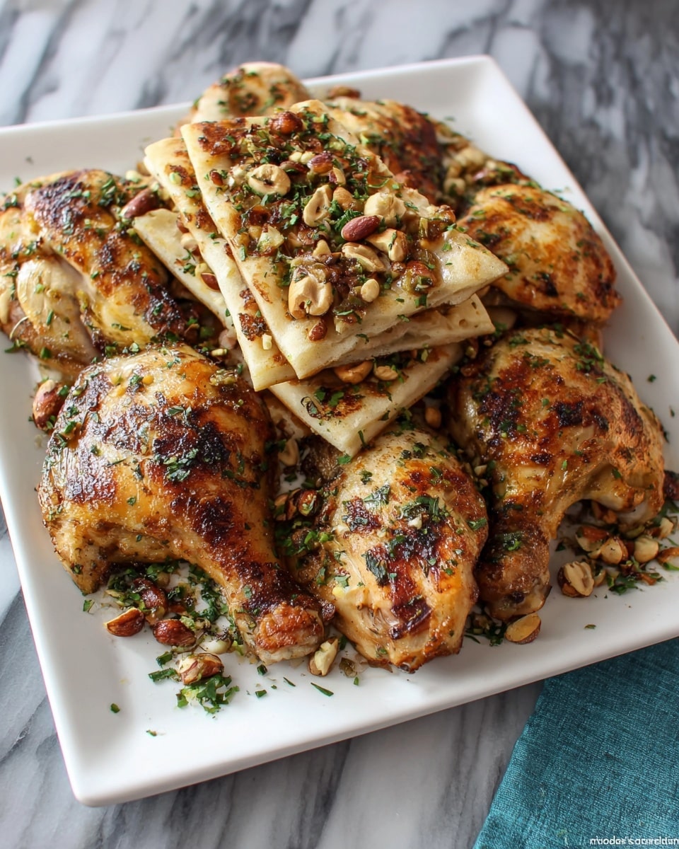 The dish shows a white rectangular plate with several pieces of golden brown roasted chicken, each sprinkled with green herb bits. In the center, there are three layered flatbreads topped with a mix of lightly browned cooked onions and toasted nuts, all garnished with small green herb pieces. The chicken pieces surround the stacked flatbreads on all sides. The plate is placed on a white marbled surface. photo taken with an iphone --ar 4:5 --v 7