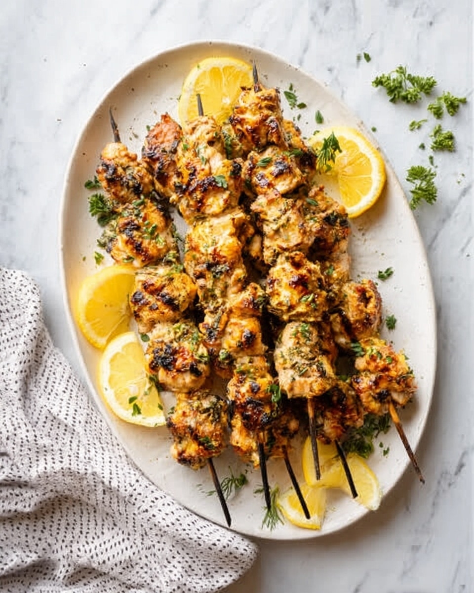 The image shows an oval-shaped white plate on a white marbled surface, holding several grilled chicken skewers arranged in a slightly overlapping pattern. The chicken pieces are golden brown with charred spots and garnished with fresh green herbs. Lemon slices are placed between and around the skewers, adding bright yellow accents. In the top left corner, a woman's hand is reaching towards the plate, creating a natural and inviting scene. photo taken with an iphone --ar 4:5 --v 7