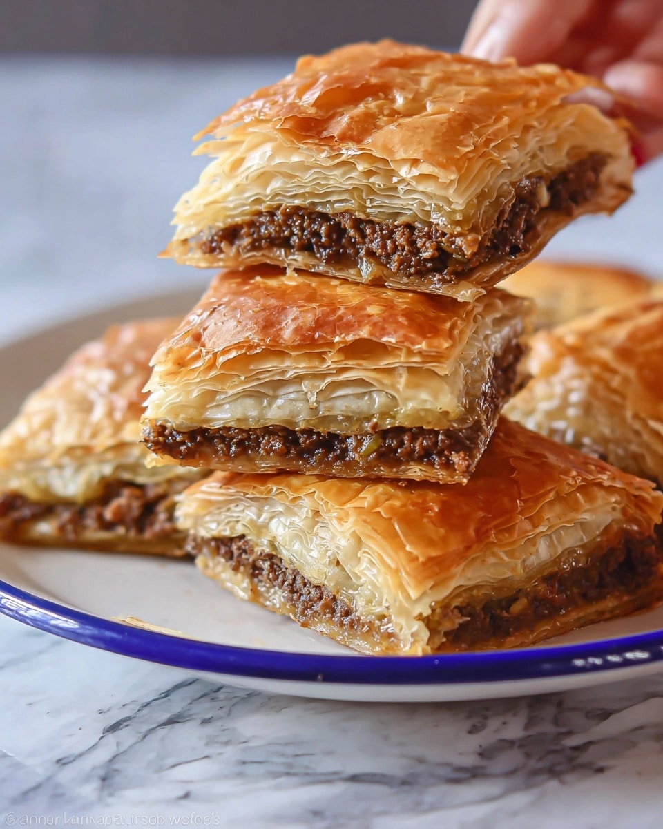 The image shows a stack of three square pieces of flaky, golden-brown pastry filled with a dark, crumbly meat mixture. Each piece has a top and bottom layer of crispy, light, and thin pastry with many visible layers, creating a puffed texture. The middle layer is filled with ground meat that looks moist and spiced. The pieces are placed on a white plate with a blue rim, and the plate is set on a white marbled surface. In the background, a woman's hand is holding one piece above the stack, showing the layered texture clearly. Photo taken with an iphone --ar 4:5 --v 7