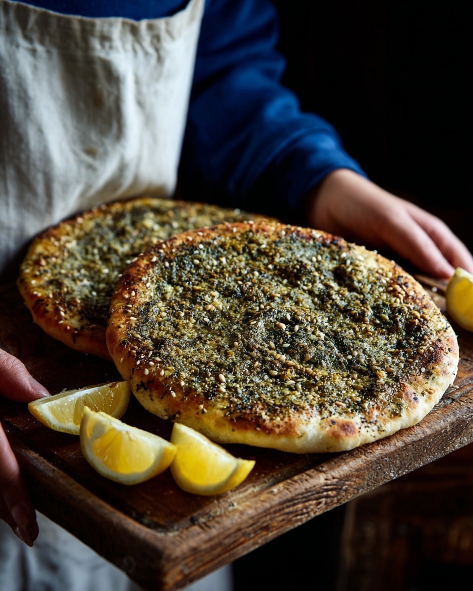 Two round flatbreads with a thick, soft-looking base topped with a greenish-brown herb and spice mixture spread evenly across the surface are shown on a wooden board. The flatbreads have slightly golden edges and a textured top layer full of seeds and small bits, giving a coarse appearance. On the side of the wooden board, there are three lemon wedges with bright yellow rinds and juicy pale interiors. The flatbreads and lemon wedges are held by a person wearing a blue long-sleeve shirt and a white apron, against a black background. Photo taken with an iphone --ar 4:5 --v 7