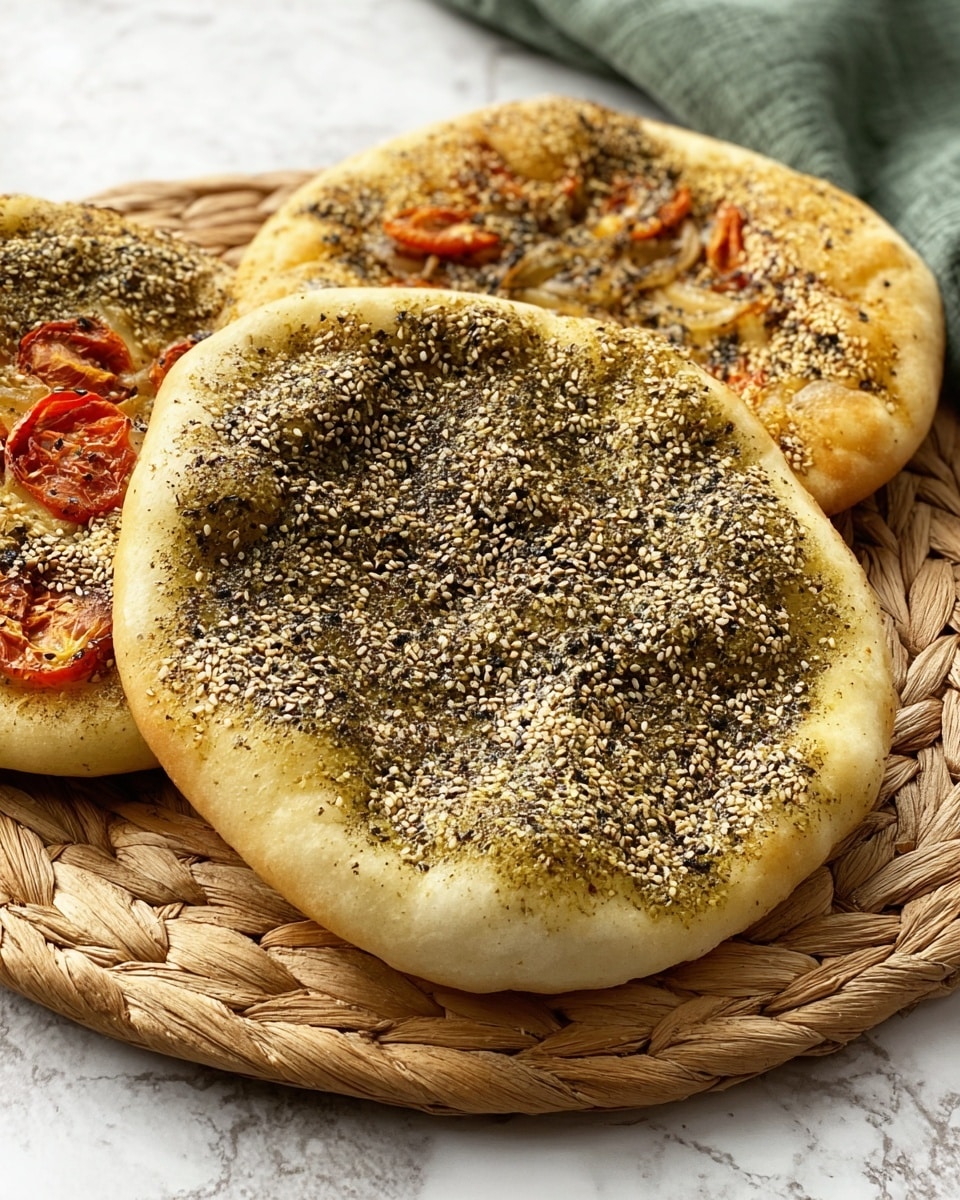 Three round flatbreads sit closely on a woven mat on top of a white marbled surface, each with a light golden crust and a soft, slightly puffy texture. The flatbread in front features a thick, smooth layer of za’atar seasoning mixed with sesame seeds covering almost all the surface, creating a greenish-brown and white speckled pattern with small dimples. Behind it, another flatbread has a topping of caramelized onions and roasted tomato slices in a slightly darker brown and vibrant red mix, with the vegetables unevenly spread over the surface. To the left, a small part of another flatbread is visible with similar tomato and onion toppings. A green cloth softly lays in the background. photo taken with an iphone --ar 4:5 --v 7