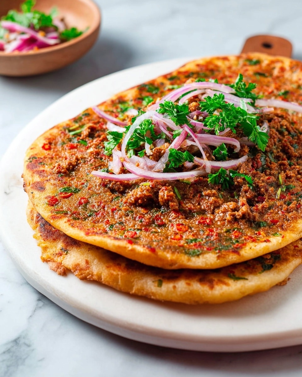 Two flatbreads are stacked on a white plate placed on a white marbled surface. The top flatbread is covered with a layer of finely minced meat mixed with small bits of red pepper and green herbs, giving it a reddish-brown color with specks of green and red. On top of this layer, there is a garnish made of thinly sliced red onions and fresh green parsley, arranged in the center of the flatbread. The edges of the flatbreads are golden brown and slightly crispy. In the background, there is a small bowl with a similar garnish, slightly out of focus. photo taken with an iphone --ar 4:5 --v 7