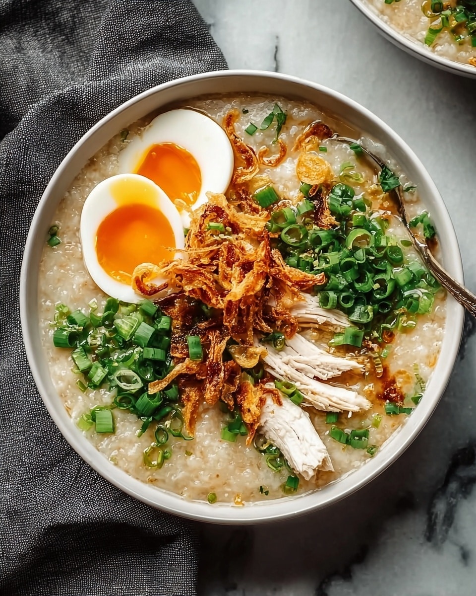 A white bowl filled with a creamy, light beige porridge-like soup with visible small grains making up the base layer. On top, there is a halved soft-boiled egg with a bright orange yolk placed on the left side. Two white slices of chicken lie horizontally on the right side. Bright green chopped herbs and scallions cover the center and upper right area, adding fresh color. Crispy golden-brown fried onions are piled in the middle, slightly over the chicken and herbs. The bowl sits on a white marbled surface with a dark gray cloth partially visible near the lower left corner. Photo taken with an iphone --ar 4:5 --v 7
