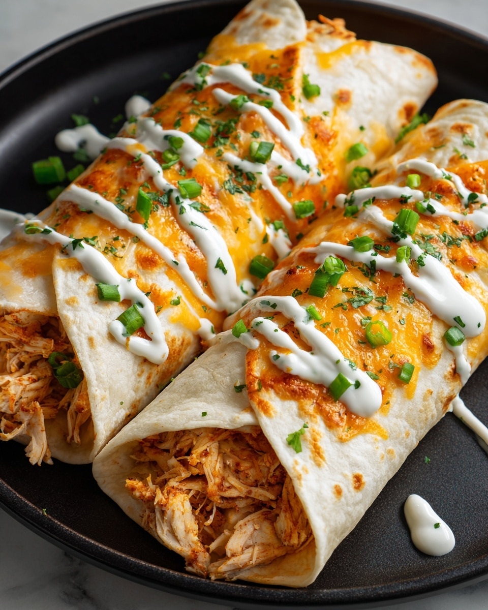 Two folded white flour tortillas sit side by side in a black pan on a board, each layered with melted golden cheddar cheese covering the inside and top edges, topped with orange shredded cooked chicken. White sour cream is drizzled in stripes over the chicken, accented by small cubes of bright green scallions and a sprinkle of finely chopped green herbs. The chicken texture is tender and juicy, showing the strands clearly. The pan contrasts with the smooth white marbled surface beneath it. photo taken with an iphone --ar 4:5 --v 7