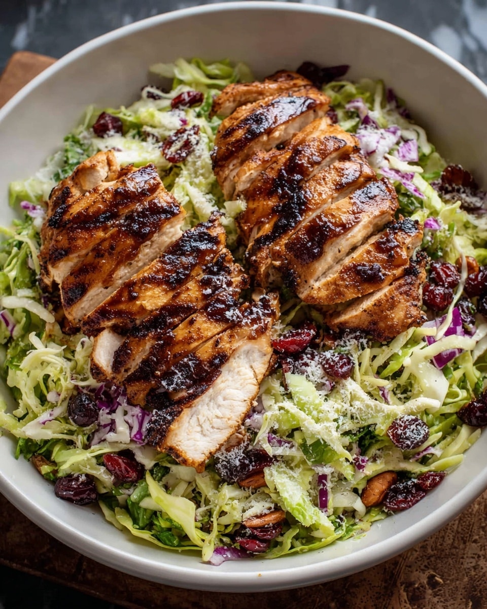A white bowl filled with a colorful salad made of shredded light green cabbage and thinly sliced purple onion scattered throughout, with small red dried cranberries and light brown nuts mixed in. On top, two pieces of grilled chicken breast are placed side by side, sliced into thick strips revealing white tender meat inside with a shiny, dark brown charred glaze on the outside. The salad has a light sprinkle of finely grated white cheese over it. The bowl is set on a white marbled texture surface. Photo taken with an iphone --ar 4:5 --v 7