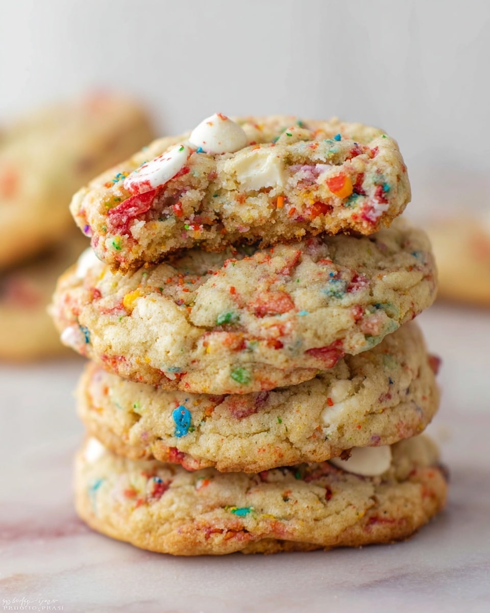 The image shows a close-up of several round, soft cookies with colorful sprinkles inside and on top. Each cookie has a light brown base with small bright dots of red, blue, yellow, and green sprinkles scattered throughout. On the top layer of the main cookie in the center, there are small pieces of broken white chocolate, adding a rough texture. The cookies are piled together, filling the frame, with a soft and slightly crumbly surface. Photo taken with an iphone --ar 4:5 --v 7