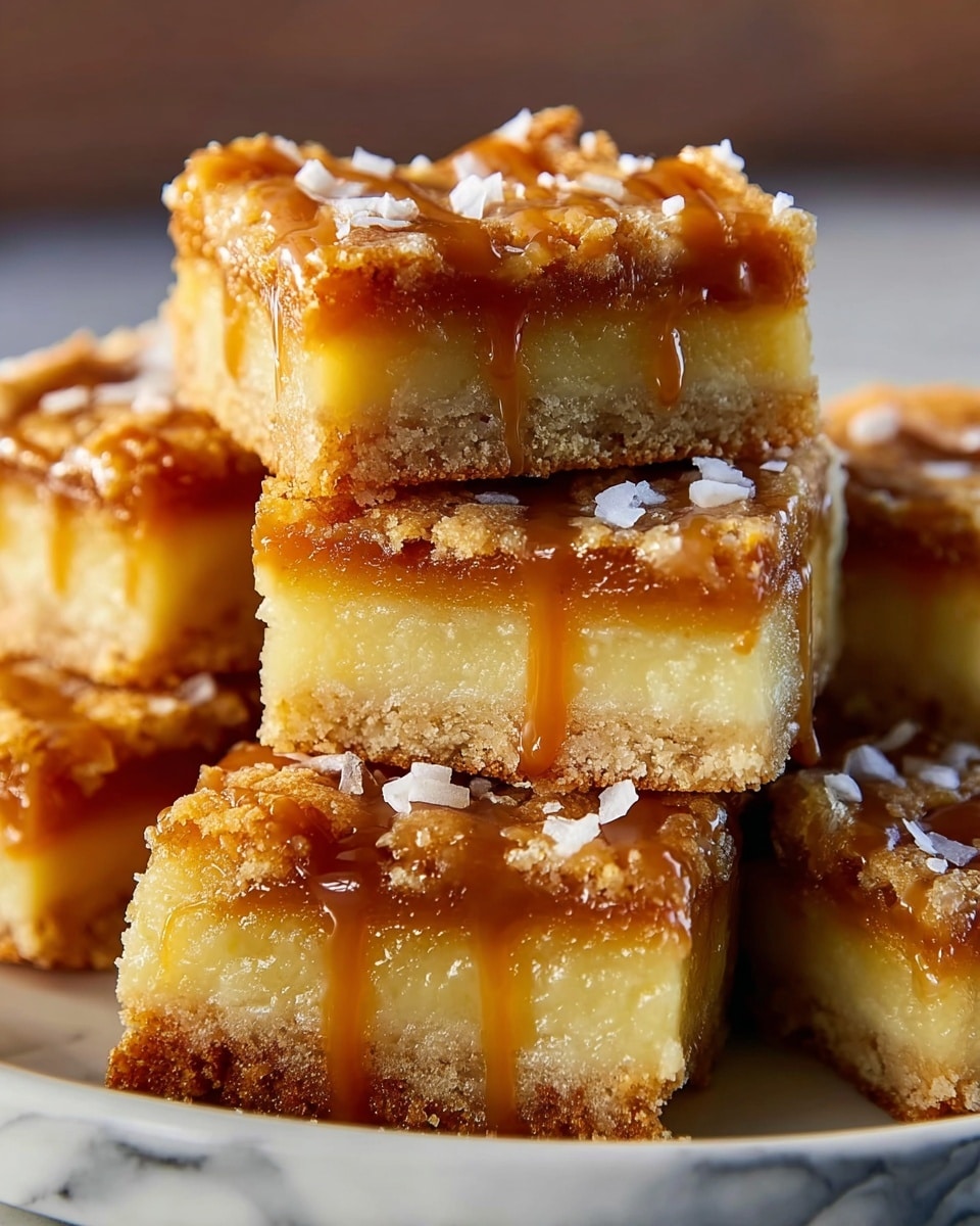 The image shows a close-up of several square dessert bars stacked on a white plate on a white marbled surface. Each dessert bar has three distinct layers: a golden-brown base layer with a slightly crumbly texture, a thick middle layer of soft, light yellow cake, and a top layer featuring a golden-brown caramelized topping. Drizzled caramel sauce runs down the sides of the bars and small white flakes are sprinkled on top, adding texture and contrast. The overall look is moist and rich, with a shiny glaze on the surface. Photo taken with an iphone --ar 4:5 --v 7