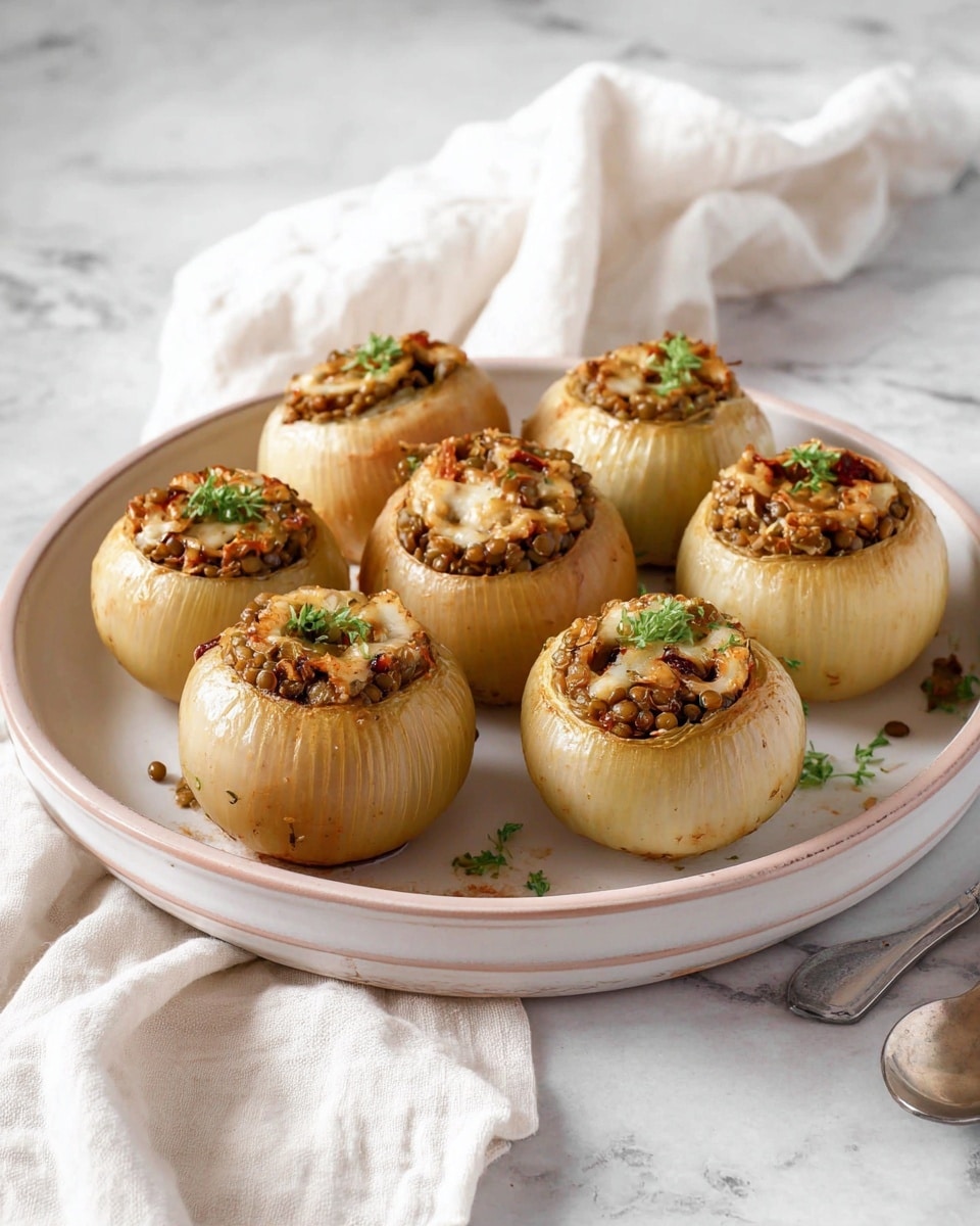 The image shows six round stuffed onions neatly placed on a white plate with a subtle pink rim. Each onion has a tender, pale golden outer layer with a hollowed center filled with a mixture of small lentils, bits of sun-dried tomatoes, and small green herb pieces on top. The stuffing has a slightly rough texture with small grains and soft chunks, and some melted cheese is visible in a few onions. The plate sits on a white marbled surface, with a white cloth draped softly in the background and a metallic spoon beside the plate. photo taken with an iphone --ar 4:5 --v 7