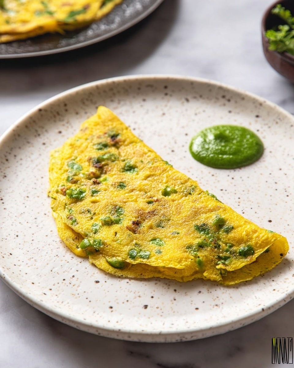 The image shows a single-layer, half-folded yellow omelet with visible green herbs and small bits of vegetables spread unevenly across its surface, placed on a white speckled plate. Next to the omelet, slightly to the upper right side, is a small dollop of thick green chutney with a smooth texture. The plate sits on a white marbled surface, and the background has a dark, slightly blurred second plate with more omelets on it. photo taken with an iphone --ar 4:5 --v 7