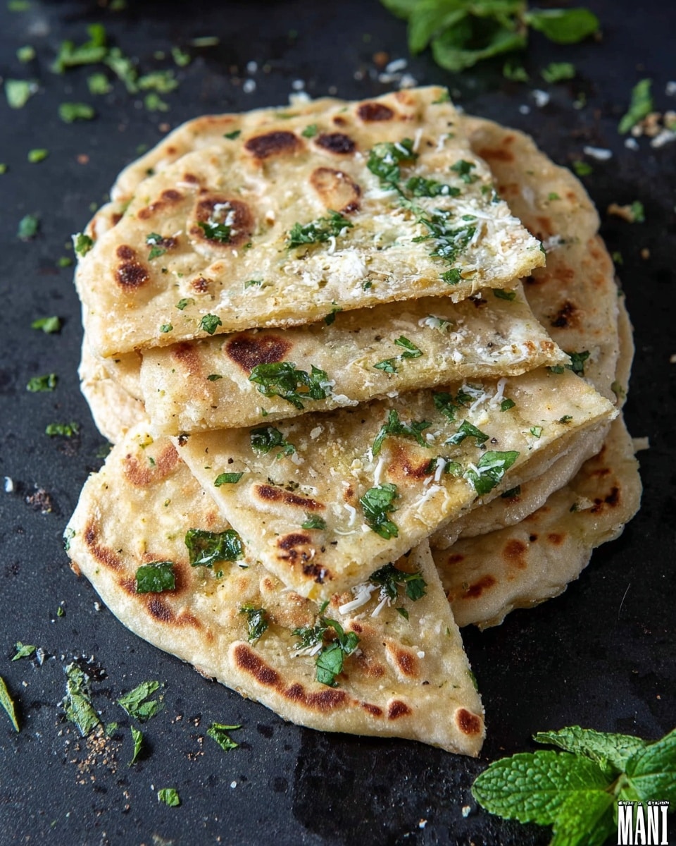 The image shows a stack of six flatbread pieces layered unevenly, each piece golden brown with darker toasted spots, sprinkled with fresh green herbs on top. The flatbreads have a slightly rough texture with some of the pieces folded to reveal finely shredded white cheese and green herbs inside. They are arranged on a dark surface with scattered herb leaves around, and some mint leaves visible on the side. photo taken with an iphone --ar 4:5 --v 7