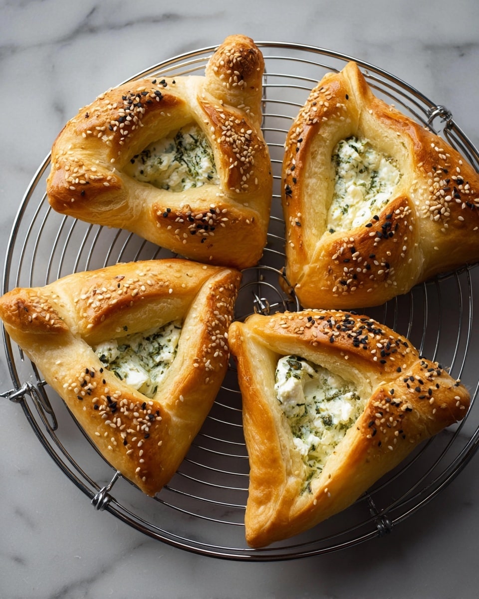 Five golden-brown pastries sit on a round cooling rack, each shaped like a triangle with the corners pinched together to form a boat shape. The dough is shiny and sprinkled with white and black sesame seeds, with a slightly puffy texture around the edges. Inside each pastry is a creamy white filling with green herbs mixed throughout, visible in the open center of each triangle. The cooling rack is metallic and placed on a white marbled textured surface. photo taken with an iphone --ar 4:5 --v 7