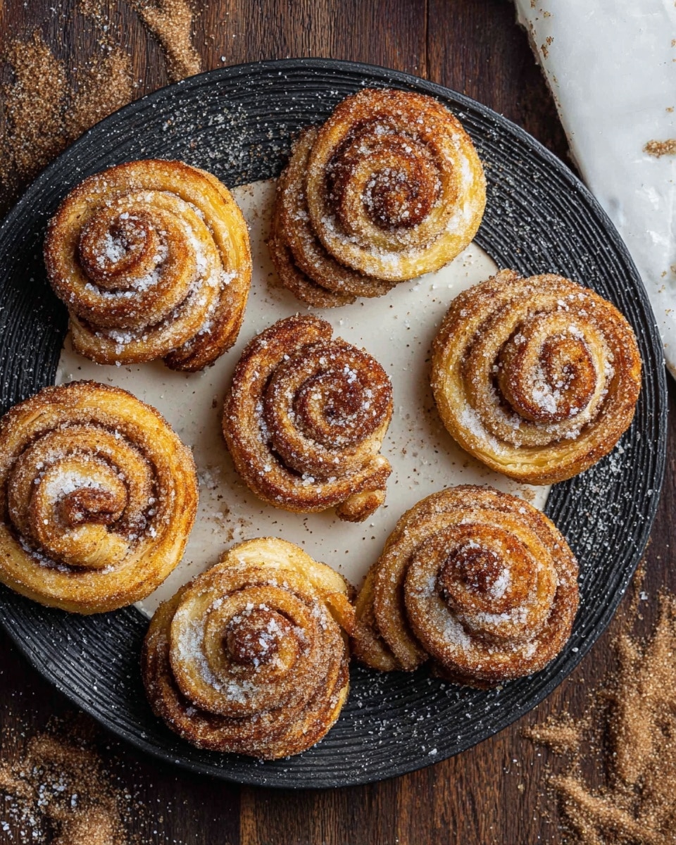Seven cinnamon sugar swirls are placed on a round white plate with a black textured center. Each swirl is made up of many thin, golden-brown layers with a crispy look and a dusting of white sugar on top that sparkles slightly. The swirls show a natural spiral pattern with darker cinnamon color concentrated in the grooves between the layers. The plate is set on a dark wooden surface with some cinnamon sugar spilled around, and a white marbled texture background is visible. Photo taken with an iphone --ar 4:5 --v 7