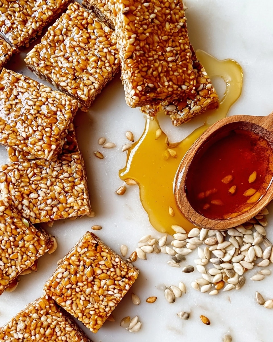 The image shows several square bars made of tightly packed golden brown sesame seeds and sunflower seeds, all coated in a shiny caramel glaze. One bar is cut diagonally to reveal its dense texture. Nearby, there is a wooden spoon filled with golden honey, some honey spilled onto the white marbled surface beneath. Scattered around the bars are loose sesame seeds and sunflower seeds, adding texture and contrast with their pale and light tan shades. Photo taken with an iphone --ar 4:5 --v 7