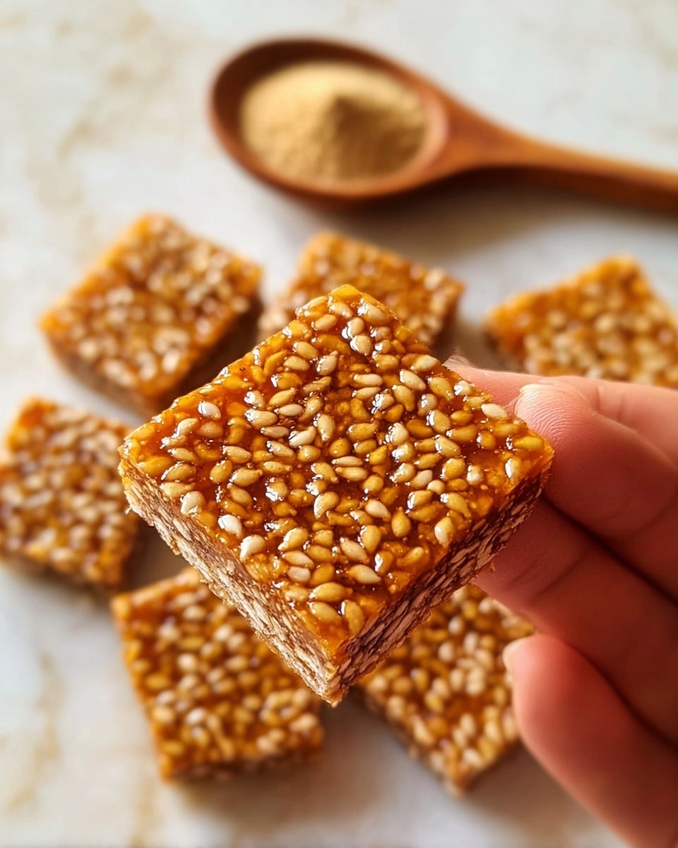 A close-up of a square sesame brittle piece held between woman’s thumb and index finger, showing a shiny golden top layer densely covered with whole sesame seeds, with a slightly darker, compact textured bottom layer. In the background, more sesame brittle squares are arranged loosely on a white marbled surface, alongside a small wooden spoon filled with light brown powder, slightly out of focus. photo taken with an iphone --ar 4:5 --v 7