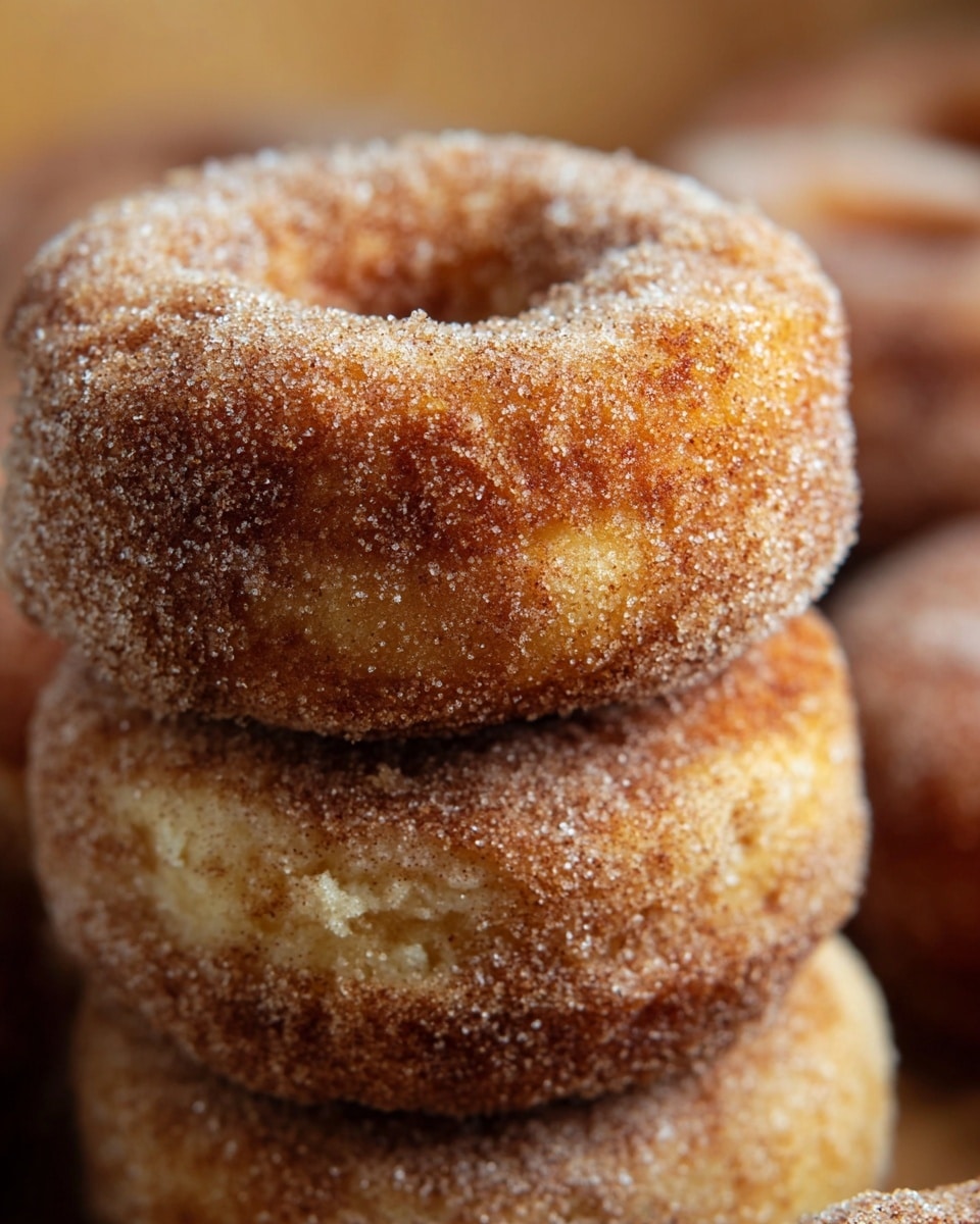 A close-up view of a stack of three cinnamon sugar donuts, showing their rough texture covered in a thick layer of sparkling cinnamon sugar crystals. Each donut has a golden-brown color with slight variations and a soft, cakey look, with the top donut centered and the others partially visible beneath it. The background is blurred with similar donuts out of focus, creating a warm and inviting feel. photo taken with an iphone --ar 4:5 --v 7
