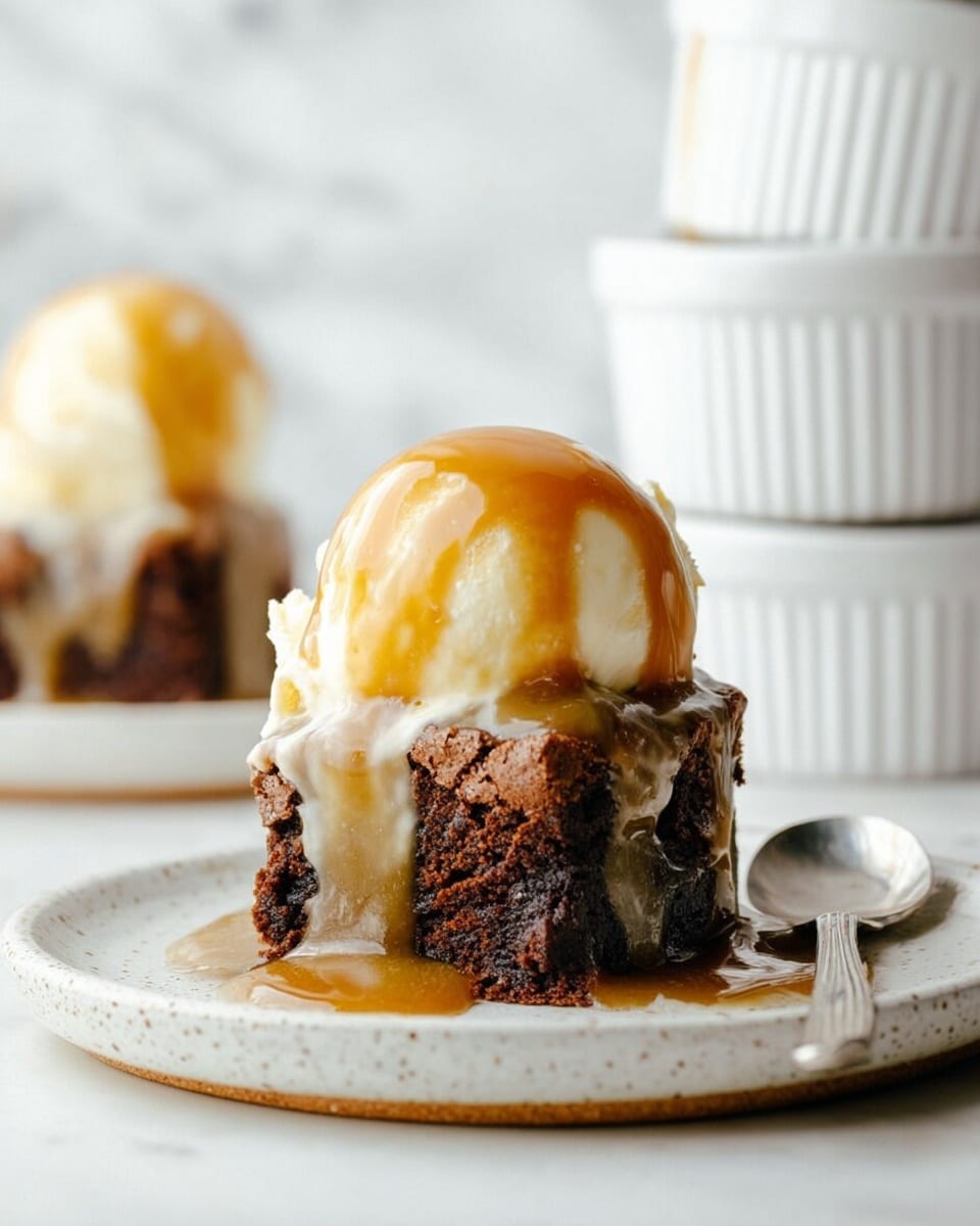 A small chocolate brownie sits at the bottom layer, dark brown and dense with a slightly rough texture. On top of the brownie, a creamy scoop of vanilla ice cream, white with a smooth and soft surface, is placed. A thick caramel sauce, golden brown and glossy, is poured generously over the ice cream and drips slightly down over the sides of the brownie. The dessert is presented on a white plate with a speckled design, and to the side of the plate is a silver spoon. The background is a white marbled texture with a softly blurred second similar dessert and white ramekins visible. Photo taken with an iphone --ar 4:5 --v 7