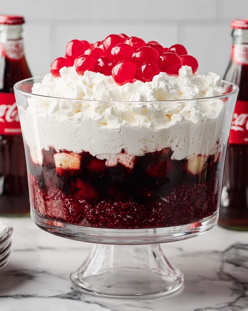 A clear glass trifle bowl shows a two-layer dessert: the bottom layer is a dark red, jiggly mixture with visible cherry pieces and seeds, giving a textured look, while the top layer is a thick, fluffy white whipped cream spread evenly across and topped with a cluster of shiny, bright red maraschino cherries in the center. The bowl sits on a white marbled surface, and two Coca-Cola bottles with red caps are faintly visible in the background. Photo taken with an iphone --ar 4:5 --v 7