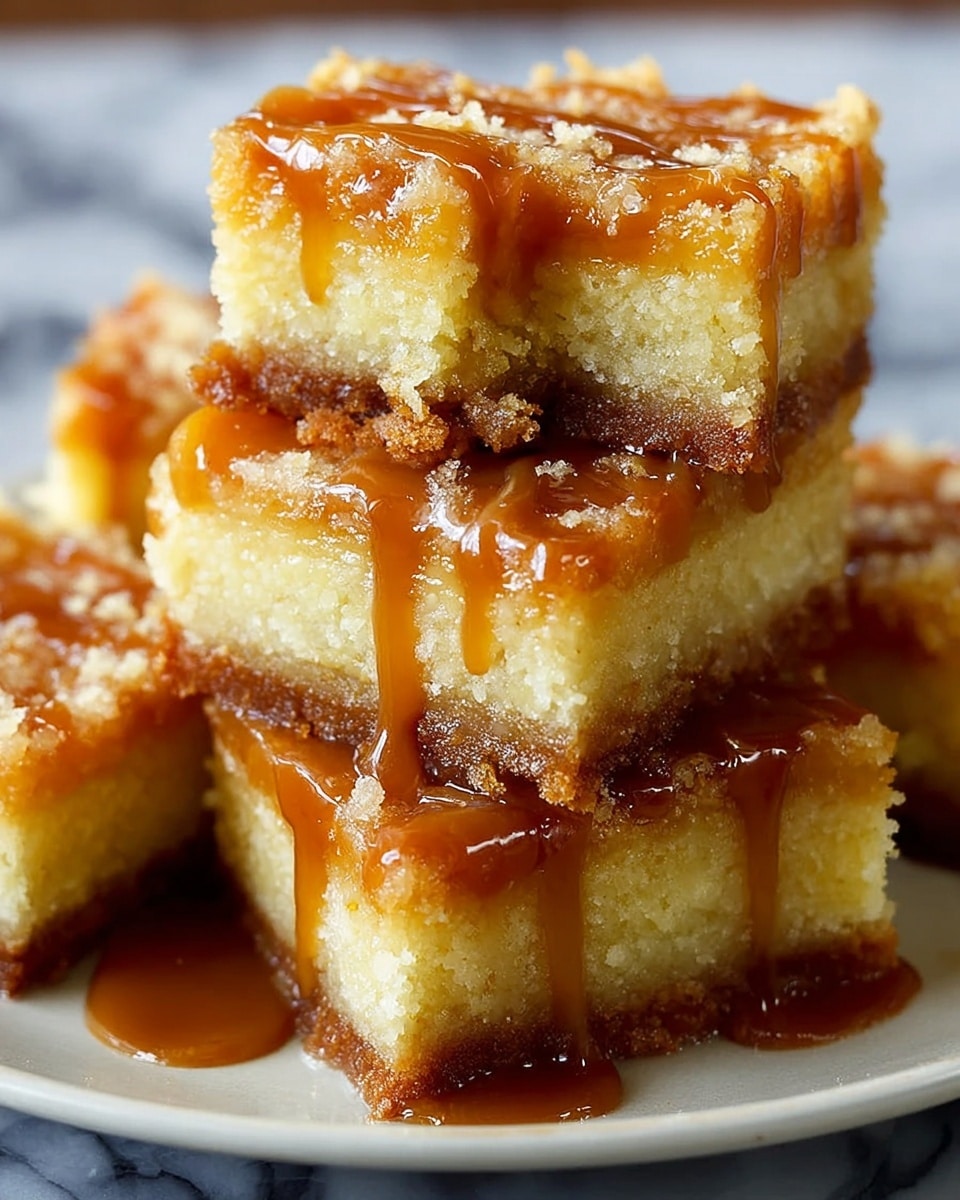 A close-up view of a stack of caramel-drizzled dessert bars placed on a white plate, each bar showing three clear layers: a golden-brown crispy bottom layer, a thick middle layer of light yellow cake with a soft, crumbly texture, and a top layer glistening with thick caramel sauce that drizzles down the sides, enhancing the rich look. The background is softly blurred with a white marbled texture beneath the plate, and the bars are inviting with a gooey, sticky appearance from the caramel. photo taken with an iphone --ar 4:5 --v 7