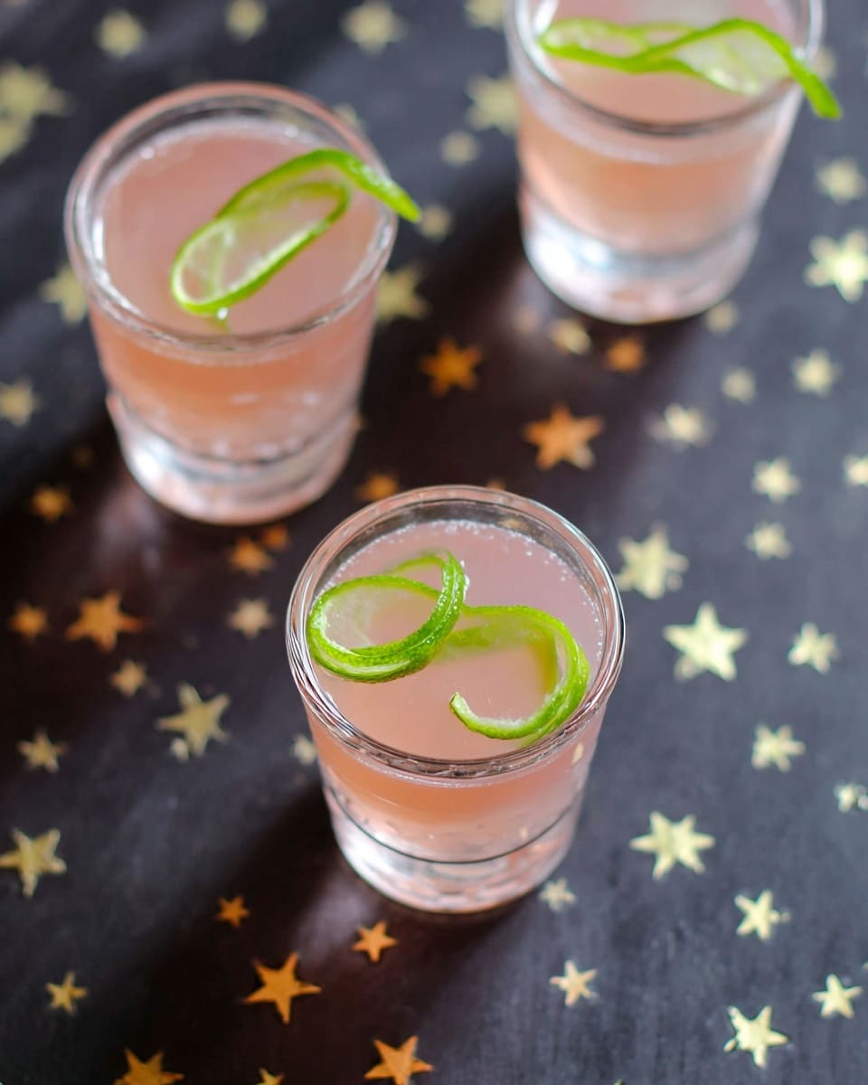 The image shows three small clear glasses filled with a light pink liquid. Each glass has a twist of green lime peel resting on its rim, adding a fresh and colorful touch. The background is a dark surface decorated with scattered star shapes in soft yellow and white colors, creating a festive feel. The drinks look smooth and slightly translucent, sitting close together with some height difference among the glasses. photo taken with an iphone --ar 4:5 --v 7