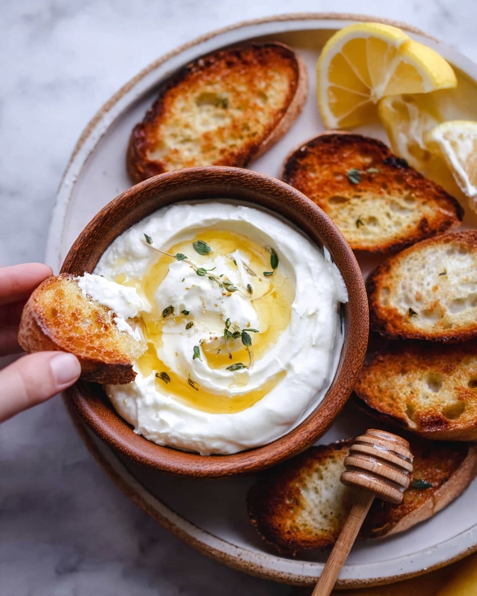 A small brown wooden bowl filled with thick white creamy yogurt, topped with a swirl of golden honey and a small wedge of lemon with tiny green herb sprigs scattered on top; beside the bowl on a white plate with a white marbled texture surface, several toasted golden-brown bread slices with a crunchy texture are arranged; a woman's hand is holding one bread slice dipped in the yogurt; a lemon wedge is seen in the upper right corner and a wooden honey dipper lies on the plate near the bowl. photo taken with an iphone --ar 4:5 --v 7