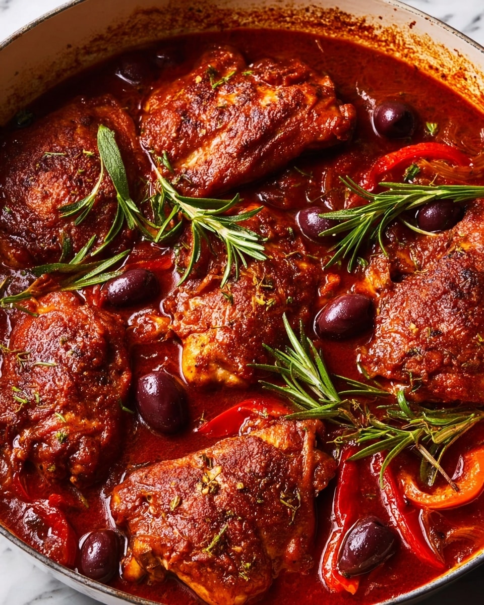 The image shows six browned chicken pieces cooking in a rich, thick red sauce inside a white pan. The sauce is smooth and glossy with visible slices of red peppers and dark purple olives scattered around. Fresh green rosemary sprigs are placed on top of the chicken as garnish. The chicken skin looks crispy and slightly textured, contrasting with the shiny, wet sauce covering the bottom of the pan. The background is a white marbled texture. photo taken with an iphone --ar 4:5 --v 7