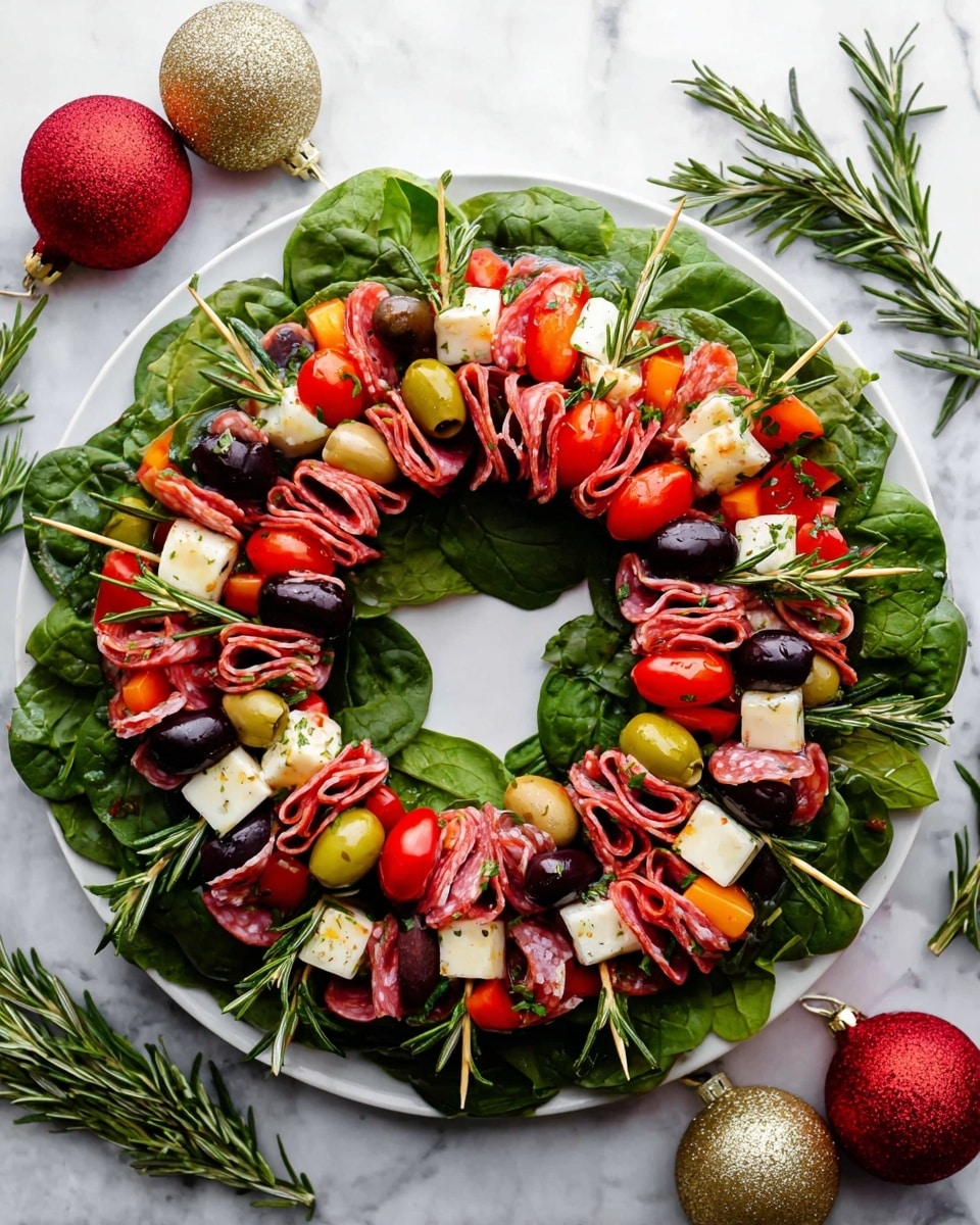 A festive wreath-shaped appetizer arranged on a white plate over a white marbled surface, featuring several layers of colorful ingredients. The bottom layer is fresh green spinach leaves spread evenly in a circular shape. On top of that, small skewers are placed all around, each pierced with a mix of bright red cherry tomatoes, green pickles, black olives, rolled slices of red pepperoni and salami, white cheese cubes, and mozzarella balls seasoned with herbs. The skewers create a dense, vibrant ring with a hollow center. Fresh rosemary sprigs are placed both inside the center and scattered around the edges as garnish, adding a touch of deep green contrast. Around the plate are red and gold Christmas ornaments and more sprigs of rosemary, enhancing the festive feel. Photo taken with an iphone --ar 4:5 --v 7