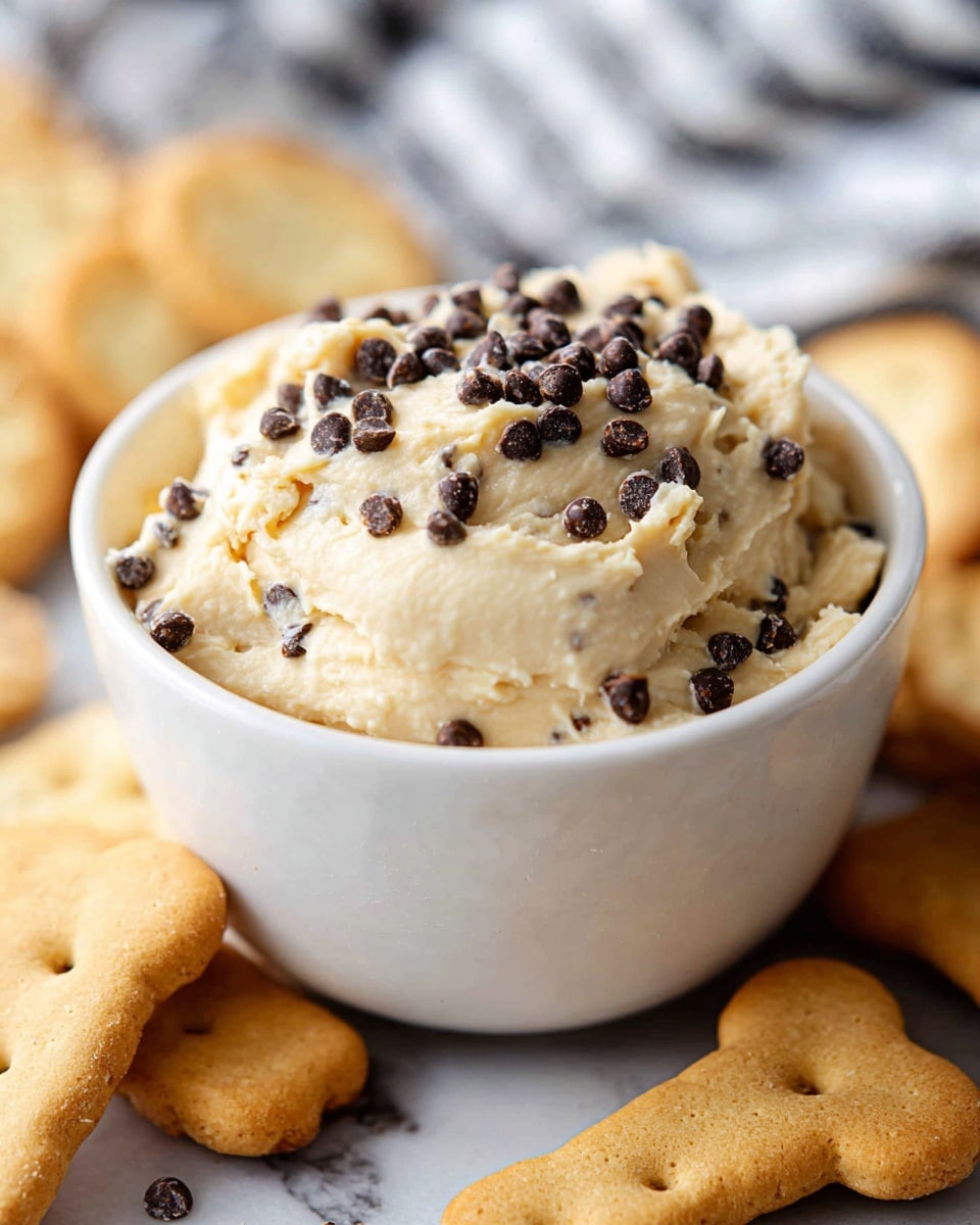 A white bowl filled with creamy light beige cookie dough mixed with small dark brown chocolate chips throughout, with extra chips sprinkled on top, thick and smooth in texture. The bowl is surrounded by two kinds of cookies, round golden brown vanilla wafers and bone-shaped light brown cookies, all placed on a white marbled surface. A blurred striped fabric is visible in the background. Photo taken with an iphone --ar 4:5 --v 7