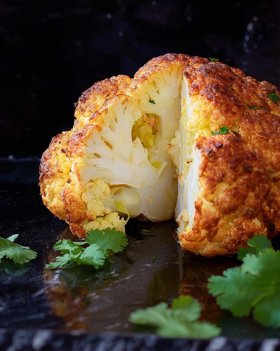 A large piece of roasted cauliflower sits on a black surface with a white marbled texture background, showing a cross-section of the vegetable. The outer layer is golden brown and crispy with a rough texture, while the inside is pale white and yellow, with firm, dense layers of cauliflower florets visible. Some green cilantro leaves are placed around the cauliflower, adding a touch of fresh green color. The scene is close-up and bright, highlighting the textures of the crispy roasted outer layer and the soft inside of the cauliflower. Photo taken with an iphone --ar 4:5 --v 7