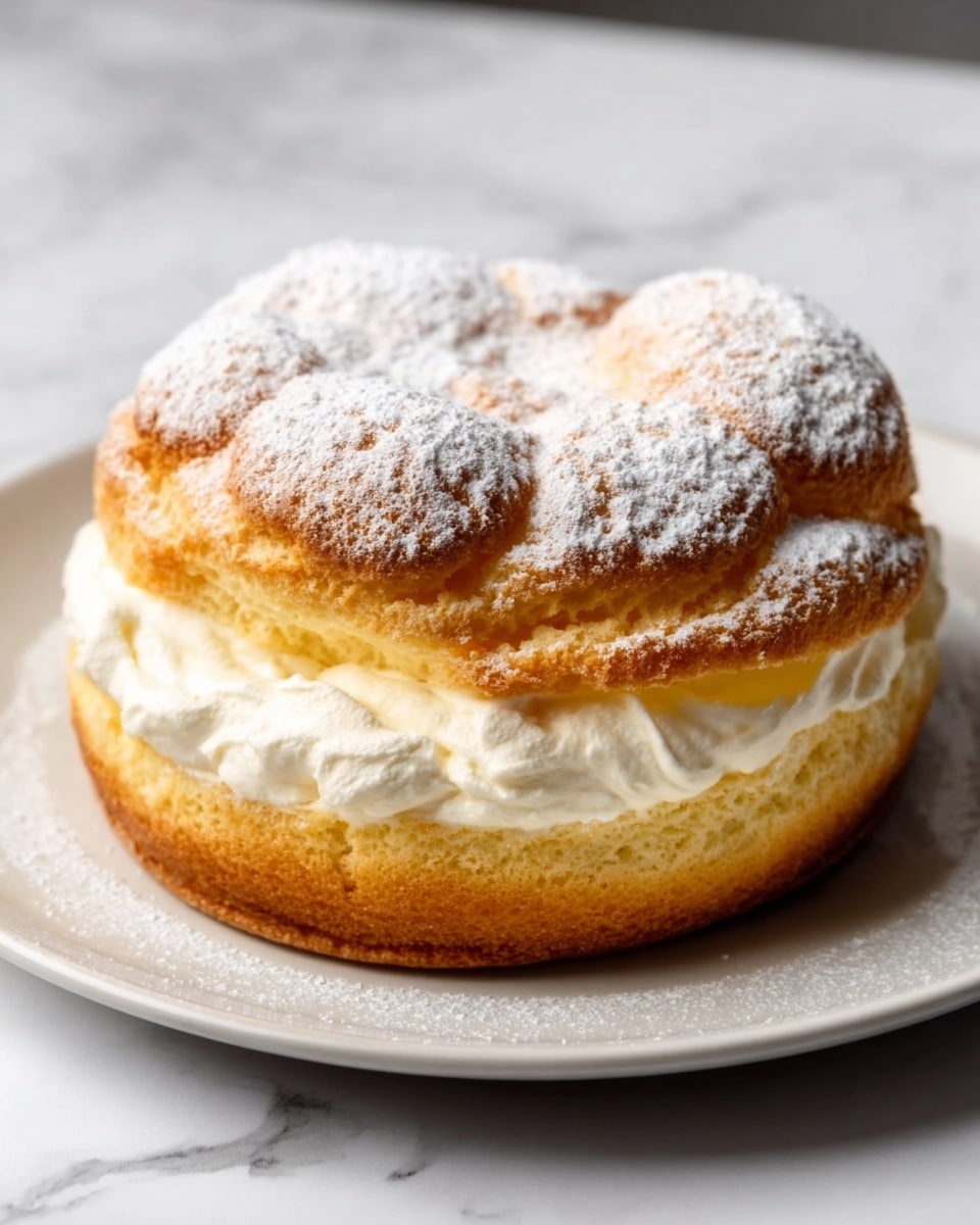 The image shows a thick, round cake with two layers on a white plate placed on a white marbled surface. The bottom layer is a soft, golden-brown cake base with a smooth texture. The middle layer is a thick, creamy white filling that looks light and fluffy. The top layer is a golden, puffed cake with a slightly uneven surface covered lightly with powdered sugar. The overall color contrast is warm golden browns and bright white cream, and the cake looks soft and fresh. Photo taken with an iphone --ar 4:5 --v 7