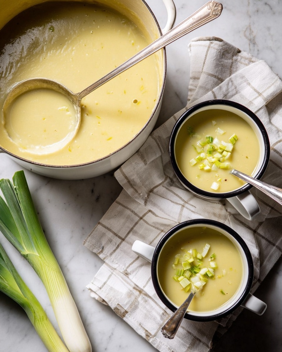 Two white enamel mugs with black rims are filled with a thick, creamy pale yellow soup topped with small bright green vegetable pieces. Each mug has a silver spoon inside, placed on a folded white cloth with light grey stripes, all set on a white marbled surface. To the left, there is a white pot partly filled with the same yellow soup, with a ladle resting inside it. The overall scene is softly lit, highlighting the smooth texture of the soup and the freshness of the green vegetable bits. photo taken with an iphone --ar 4:5 --v 7