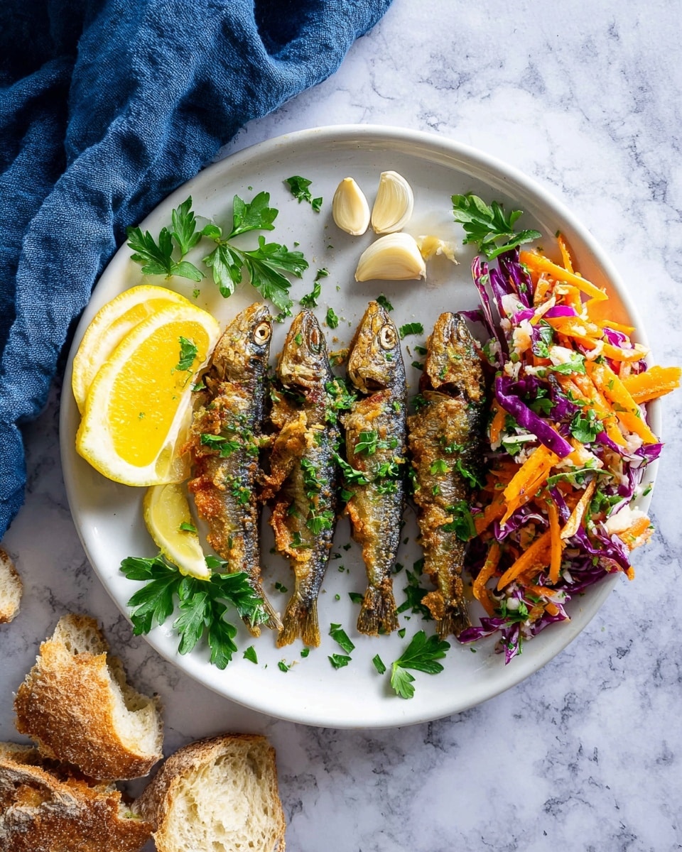 A white plate sits on a white marbled surface, holding four golden brown, crispy fried small fish lined up in the center, sprinkled with chopped fresh green herbs. To the left of the fish, there are two bright yellow lemon wedges resting on fresh green parsley leaves. On the right side of the plate, there is a colorful salad made of shredded orange carrots, purple cabbage, and mixed greens, all topped with more chopped herbs. Near the bottom edge of the plate, there are two pieces of white garlic cloves. Around the plate, torn pieces of crusty bread rest on the white marbled surface, along with a blue cloth napkin nearby. Photo taken with an iphone --ar 4:5 --v 7