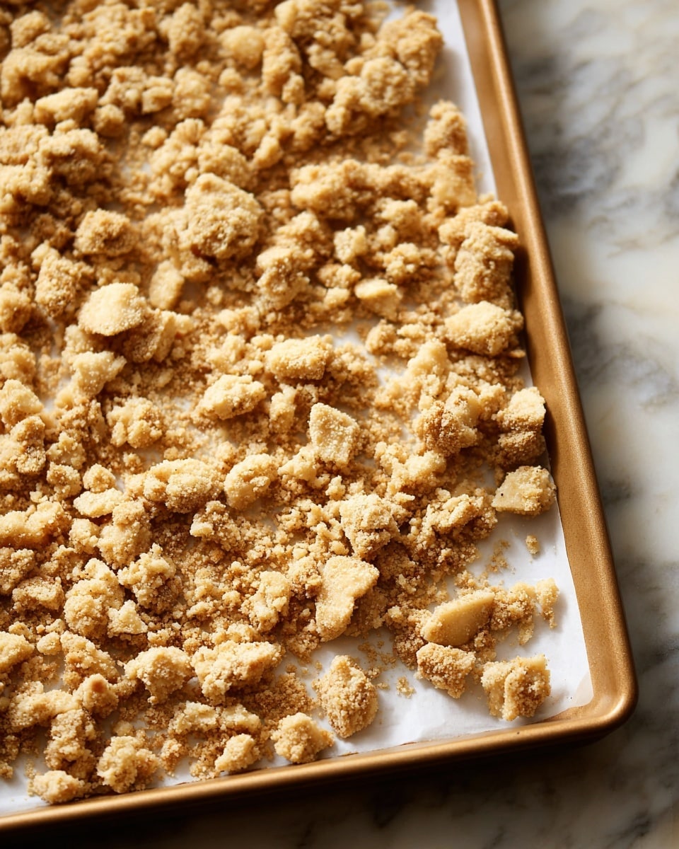 A baking sheet lined with white parchment paper holds a single layer of crumbly, golden brown pieces of streusel topping, with chunks of different sizes scattered evenly across the surface. The streusel has a rough texture, showing both finer crumbs and larger, clumped pieces, and the color varies from light to medium brown, hinting at a baked, crunchy finish. The baking sheet sits on a white marbled surface, adding a clean, bright background to the warm tones of the streusel. photo taken with an iphone --ar 4:5 --v 7