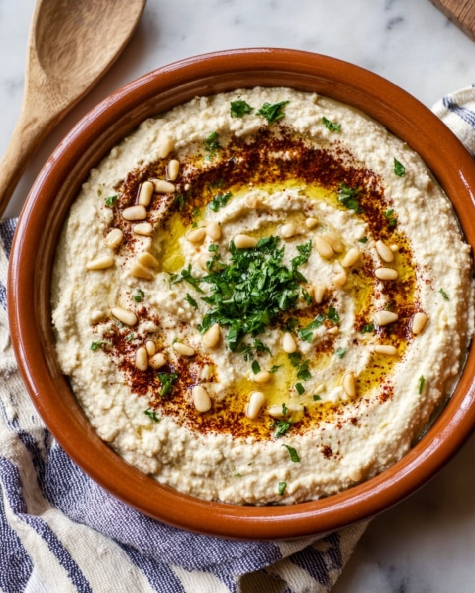 The image shows a round terracotta bowl filled with a creamy, beige dip that has a thick, slightly chunky texture. On top of the dip, there is a swirl of dark red spice and a drizzle of golden olive oil, creating a vibrant contrast. Scattered pine nuts add small white spots of texture, and a small pile of finely chopped green herbs sits in the center. The bowl is placed on a white marbled surface next to a striped cloth and a wooden spoon with a metallic handle. Photo taken with an iphone --ar 4:5 --v 7