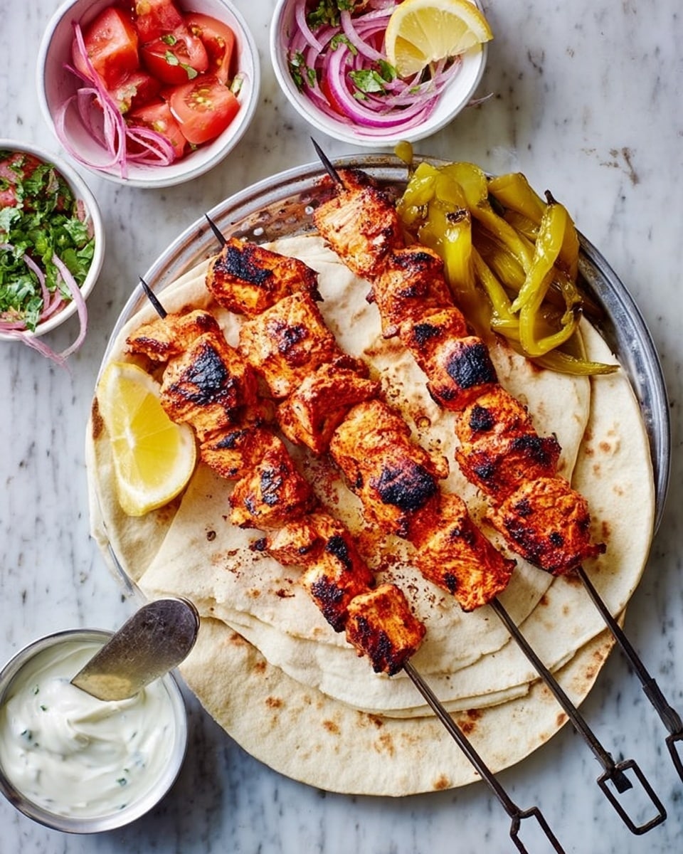 A metal white plate holds two metal skewers with grilled chicken pieces that are reddish with black char marks, laid over two folded pieces of flatbread which are light beige with dark spots. There are several yellow pickled peppers on the flatbread's top right. A wedge of lemon sits to the left of the skewers. Around the plate are three small white bowls: one with tomato slices, red onion rings, and green herbs, one with creamy white sauce and a spoon, and one with lemon wedges. The whole setup is on a white marbled surface. Photo taken with an iphone --ar 4:5 --v 7