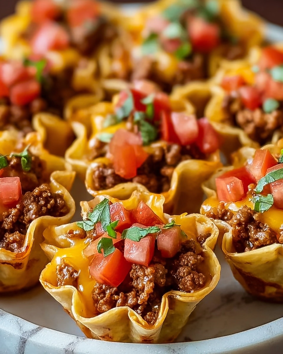 Small taco cups are shown filled with crumbled meat in a light golden shell with ruffled edges. Each cup has a layer of melted bright orange cheese on top of the meat, followed by diced red tomatoes and small green herb leaves sprinkled on top. The cups are closely arranged in a white marbled bowl that is round and slightly deep. The focus is on the front cups, showing the texture and colors clearly, while the background cups are softly blurred. photo taken with an iphone --ar 4:5 --v 7