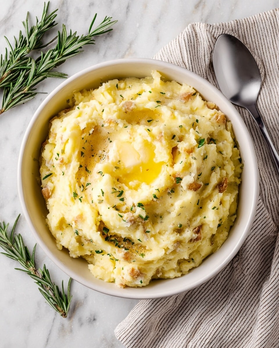 A white bowl filled with a single thick layer of creamy mashed potatoes with pieces of potato skin mixed in, giving some light brown spots in the yellow potato mash. The top is sprinkled with small green herb bits and a creamy melted butter patch in the center creating a shiny texture. The bowl sits on a white marbled surface, next to sprigs of fresh rosemary on the left and a silver spoon lying on a striped napkin on the right. photo taken with an iphone --ar 4:5 --v 7