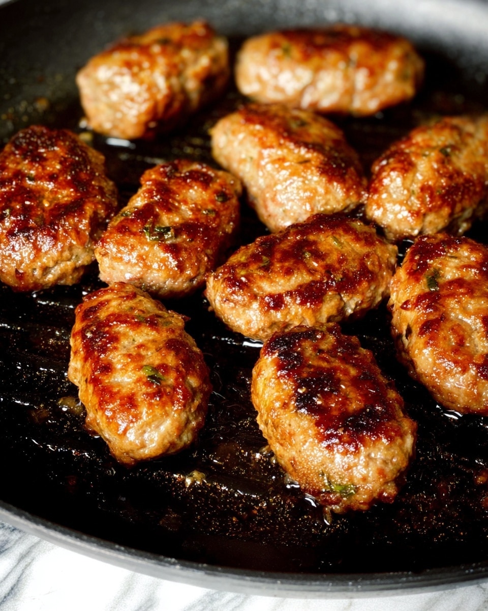 The image shows nine small, oval-shaped meat pieces cooking on a black grill pan. Each piece has a golden-brown and slightly crispy outer layer with some darker, charred spots. The texture looks juicy and tender with small flecks of herbs and spices visible, giving a slightly rough surface. The meat pieces are close together but not touching, showing some shiny spots of oil on the pan. The background is a white marbled texture. photo taken with an iphone --ar 4:5 --v 7