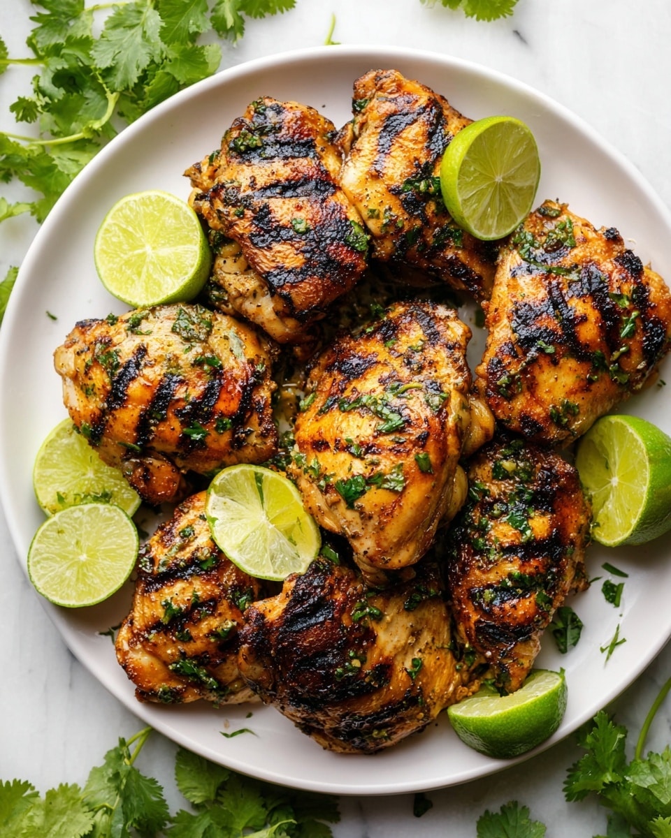 A white plate is filled with grilled chicken thighs, showing a total of about eight pieces. Each piece has a golden-brown color with dark grill marks and is sprinkled with finely chopped green herbs. Around and on top of the chicken are several bright green lime wedges and fresh cilantro leaves, adding contrast and freshness. The plate sits on a white marbled surface with scattered cilantro leaves around it. The whole scene is brightly lit, highlighting the juicy texture of the chicken and the fresh greenery. Photo taken with an iphone --ar 4:5 --v 7