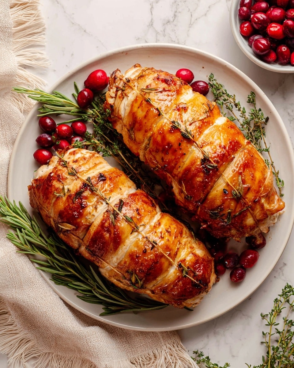 Two golden brown roasted chicken roulades sit side by side on a white plate. Each roulade is tied with cooking twine in three places, showing crispy, shiny skin with seasoning dots of herbs. The plate is scattered with fresh bright red cranberries and sprigs of green rosemary and thyme, adding a vibrant contrast to the warm chicken. The setting is on a white marbled-texture surface with a light cream napkin with fringes on the left and a bowl of more cranberries on the right. photo taken with an iphone --ar 4:5 --v 7