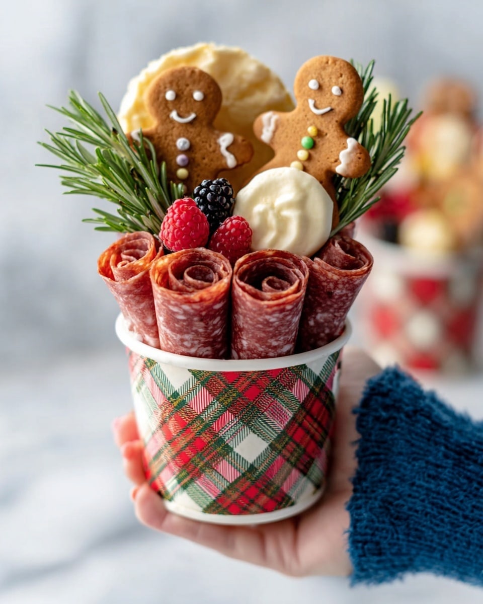 A white cup with a red and green plaid pattern is held by a woman's hand wearing a blue sleeve, filled with several layers of colorful treats. At the bottom, there are stacked dark red rolled slices of meat next to a bright green rosemary sprig. Above the meat, there are two small brown gingerbread cookies with smiling faces, positioned on the front side. Behind the cookies, there is a round white biscuit with a smooth texture, and to the side, a few small red raspberries and a black blackberry add vibrant color. The background shows a soft focus of similar cups. The surface is a white marbled texture. Photo taken with an iphone --ar 4:5 --v 7