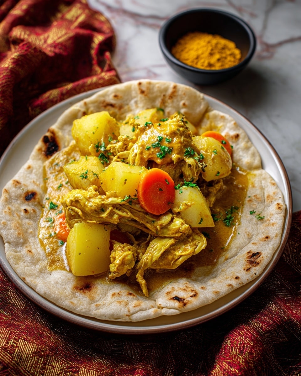 The image shows a white plate with a layer of soft, light brown spotted flatbread covering the bottom and edges. On top, there are chunks of tender chicken coated in a thick yellow curry sauce, mixed with pale yellow potato pieces and some translucent cooked onions, along with a small slice of orange carrot. The dish is garnished with small pieces of green herbs scattered over the chicken. In the background, there is a small black bowl of bright yellow powder, all placed on a white marbled surface partially covered by a red and gold textured cloth. Photo taken with an iphone --ar 4:5 --v 7