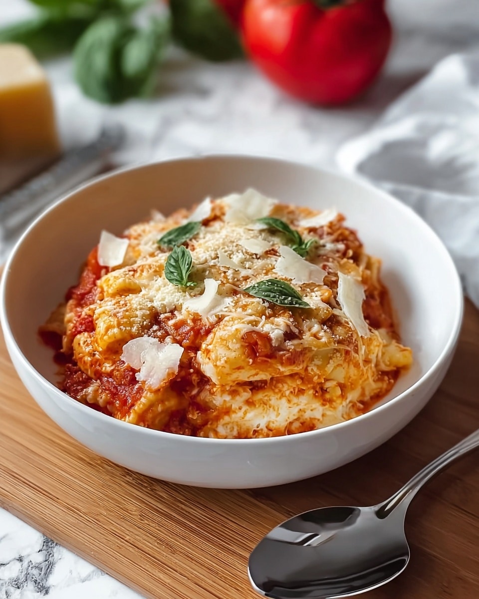 A white bowl filled with a layered pasta dish, showing about three layers: the bottom layer has a red tomato sauce with chunks of tomato, the middle layer has soft pasta pieces mixed with a light cheese filling that looks creamy and crumbled, and the top layer is covered with melted cheese, sprinkled with thin white cheese shavings and small green basil leaves. The bowl is on a wooden surface with a shiny silver spoon next to it, and the background features a white marbled texture with a blurred red tomato and some green leaves visible. Photo taken with an iphone --ar 4:5 --v 7