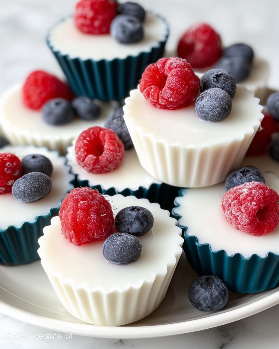 The image shows multiple small silicone cups filled with a smooth white frozen yogurt or pudding layer, each topped with one red raspberry and one blue blueberry. The cups are fluted and come in alternating white and dark teal colors. The berries look fresh and slightly frosted, resting on the creamy white surface of the dessert. The cups are stacked and arranged closely together on a white plate, all set on a white marbled surface. photo taken with an iphone --ar 4:5 --v 7
