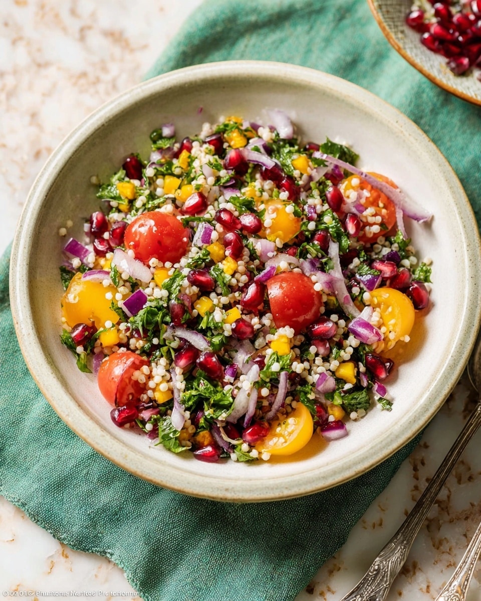 The image shows a close-up of a fresh salad with several colorful layers mixed together, including bright red cherry tomato halves, small white round couscous pearls, dark red pomegranate seeds, yellow bell pepper pieces, and green leafy spinach strips. There are also tiny bits of light purple onion and some dried herb seasoning scattered throughout, creating a textured and vibrant look. The salad ingredients are close-packed, showing their juicy and fresh qualities against a white marbled surface. photo taken with an iphone --ar 4:5 --v 7