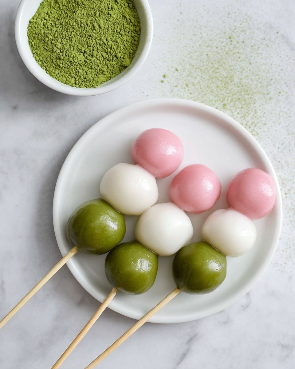 Three skewers of glossy dango sit on a white plate placed on a white marbled surface sprinkled with green powder. Each skewer has three smooth, round mochi balls arranged in a vertical line, with the top layer a soft pink, the middle layer pure white, and the bottom layer a muted green. To the top left of the plate, a white bowl filled with finely ground bright green matcha powder is partially visible. The overall scene is clean and bright with a soft light reflecting off the shiny surfaces of the dango. photo taken with an iphone --ar 4:5 --v 7