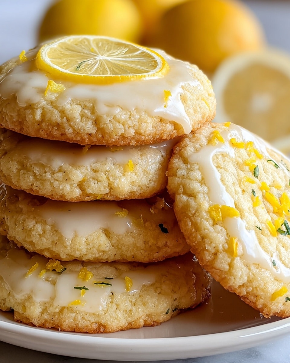A close-up view of a stack of five soft lemon cookies on a white plate, placed on a white marbled surface. Each cookie shows a light golden brown edge with a rough crumbly texture. Three cookies show thin glossy white icing lightly drizzled near their edges, with bright yellow lemon zest sprinkled on top. The top cookie has a thin lemon slice placed on the icing, highlighting a fresh yellow and white layered look. The background has blurred whole lemons adding a fresh touch. Photo taken with an iphone --ar 4:5 --v 7