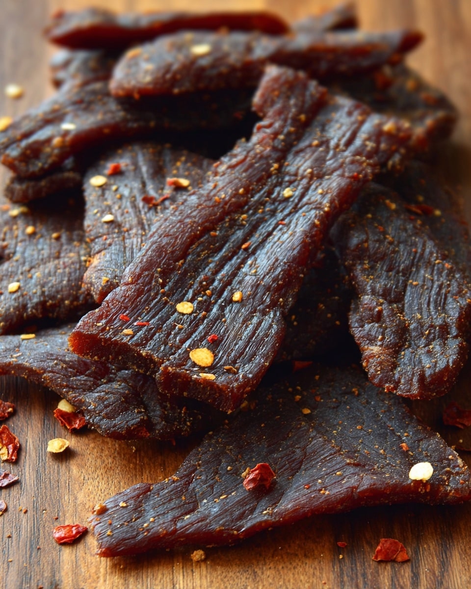 A close-up image of several pieces of dark brown beef jerky scattered on a wooden surface, each piece showing a dry, slightly wrinkled texture with visible grill marks and sprinkled with small red chili flakes and coarse seasonings. The jerky pieces vary in size and shape, some flat while others are slightly curved, creating a layered and rustic look. The wooden surface is warm-toned and contrasts with the rich, deep color of the jerky. Photo taken with an iphone --ar 4:5 --v 7