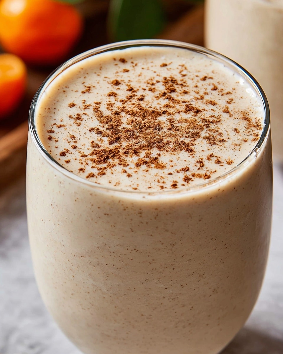 A close-up view of a creamy beige smoothie or shake served in a clear glass, filled to the top with a thick, smooth texture showing tiny specks throughout. The surface has a light sprinkle of brown spice powder evenly distributed, adding a textured and slightly grainy look. The background features a white marbled texture with subtle green and orange blurred objects in the distance. photo taken with an iphone --ar 4:5 --v 7